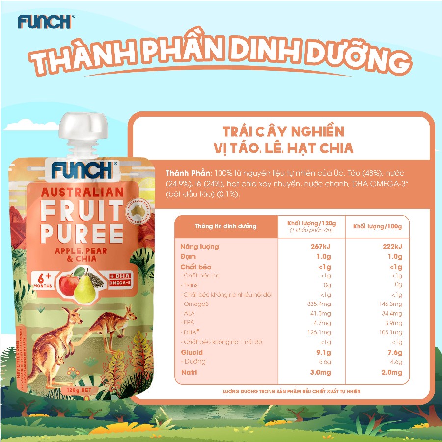 Trái Cây Nghiền Cho Bé từ Ăn Dặm Từ 6 Tháng Mix Hạt Dinh Dưỡng FUNCH bổ sung DHA  Vị Táo, Lê, Hạt Chia 120g