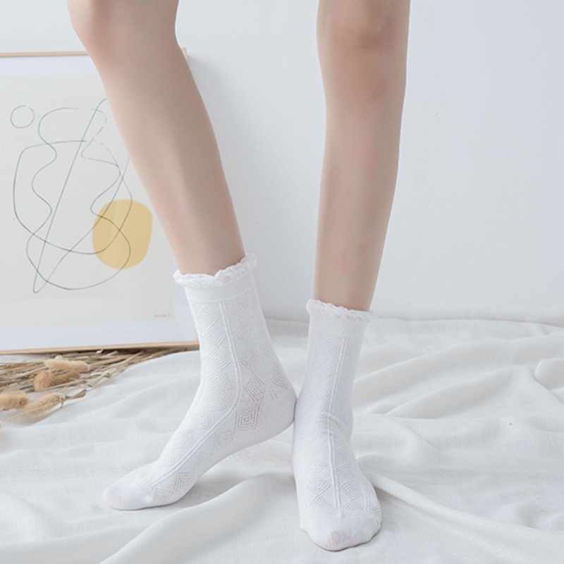 Vớ nữ FHYL phối ren mỏng màu trơn khử mùi thoáng khí thiết kế dễ thương