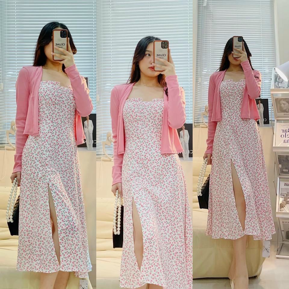 Set đầm váy 2s hoa + áo khoác croptop đỏ 💖 KÈM ẢNH THẬT 💖 BAO KIỂM ❌