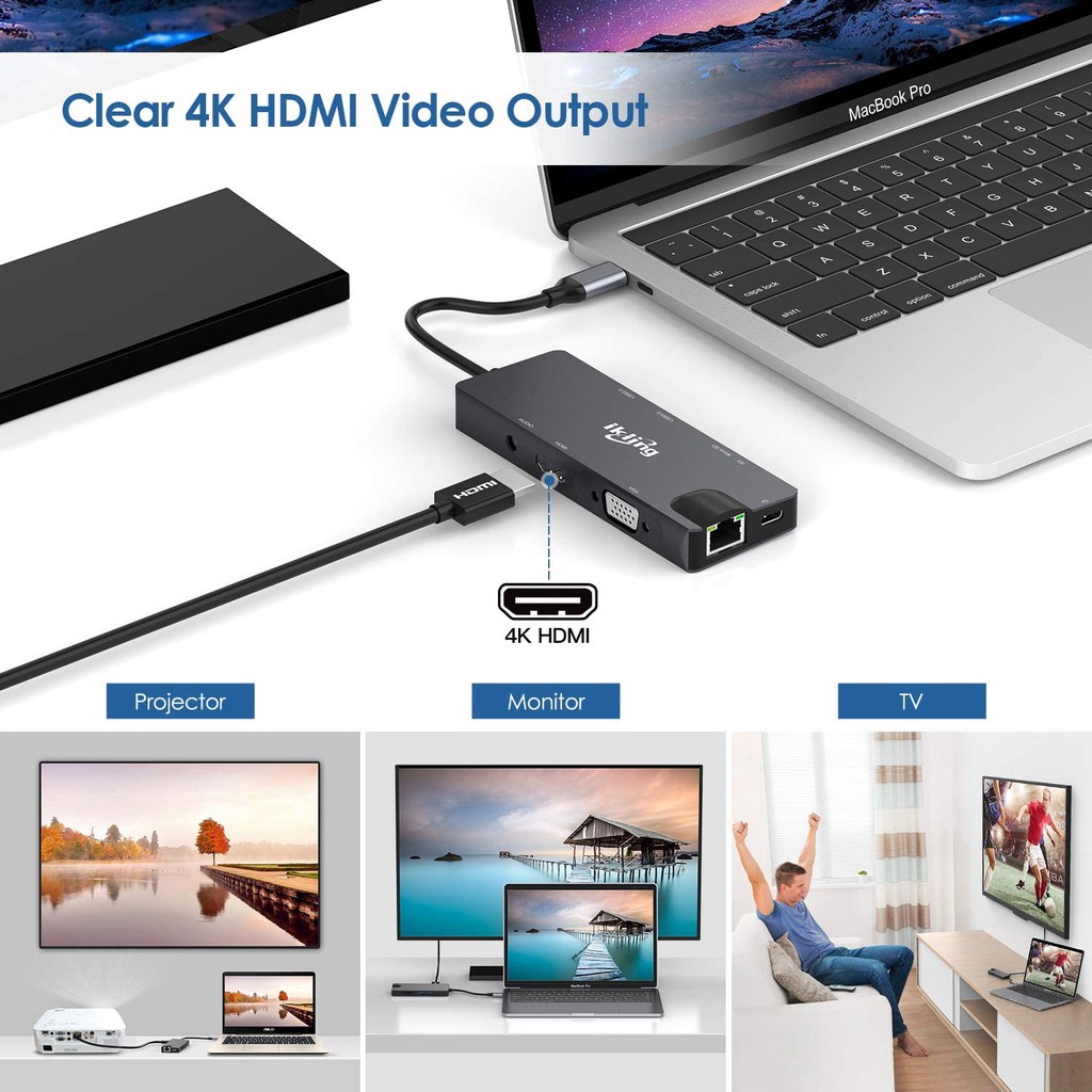 8 in 1 Type C Hub To USB 3.0 HDMI 4K PD VGA RJ45 LAN TF Card 3.5mm Aux Jack Adapter Docking Station for Macbook Huawei