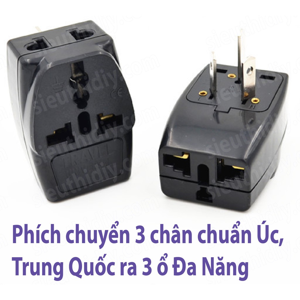 Phích chuyển ổ Úc, TQ 3 chân dẹt chéo ra ổ cắm Đa Năng