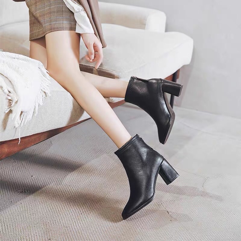 Bốt công sở nữ da mềm cao gót Xuất Sịn