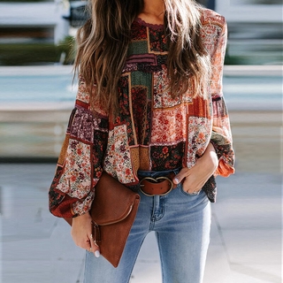 Áo Kiểu Bohemian In Hoa Cho Nữ, Áo Sơ Mi Dài Tay Cổ Tròn Dáng Rộng Cỡ Lớn Kiểu Công Sở