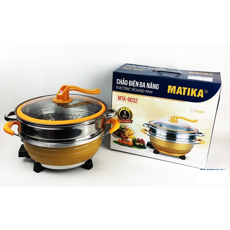 Chảo điện đa năng Matika MTK-9032 (Màu vàng) sang trọng, đa chức năng nấu siêu tiện lợi