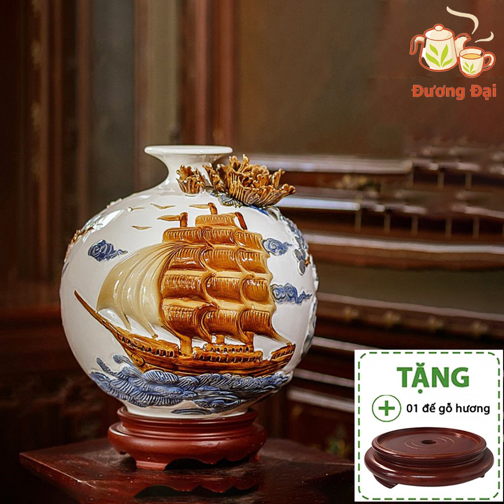 Bình Hút Tài Lộc Đắp Nổi Thuận Buồm Xuôi Gió Gốm Sứ Bát Tràng Đương Đại