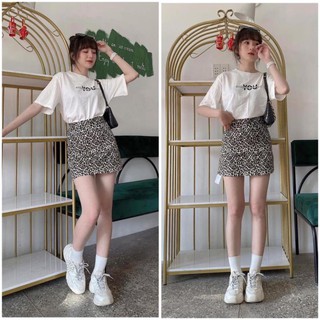 Hot! Set áo thun cotton chân váy da beo💖FREESHIP💖 Áo phông chữ You mix chân váy ngắn AD100