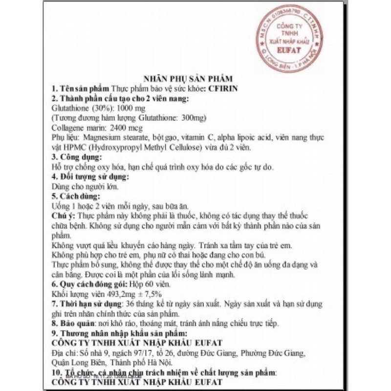 Viên uống trắng da, mờ nám Cfirin x3 Glutathione