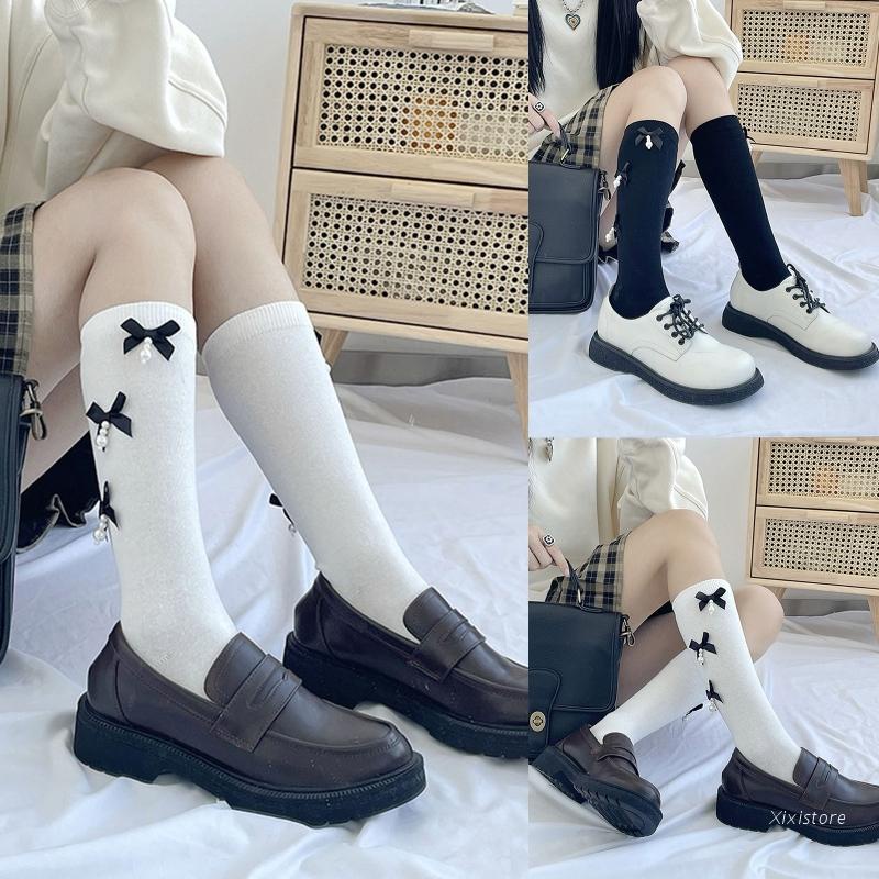 Xixi Vớ Cotton Cao Đến Đầu Gối Đính Nơ Phối Ngọc Trai Ngọt Ngào Phong Cách Harajuku Cho Nữ Sinh