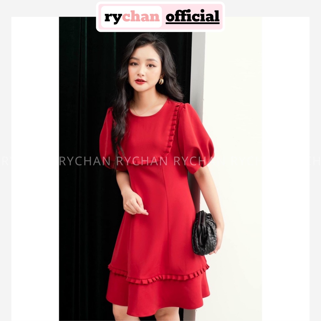 Đầm Xòe Đỏ Tầng Phối Bèo Tay Phồng Nữ Tính - DX0111