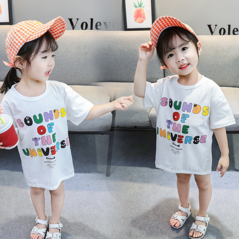 Áo phông dáng thụng - Áo váy trẻ em, đầm suông thun cotton in chữ cho bé gái từ 8 đến 20 kg, SUN KIDS