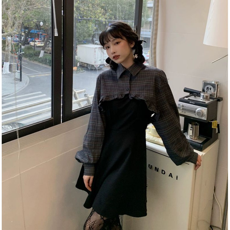 [Có Ảnh Thật - Order] (F) Set váy đen áo sơ mi kẻ sọc Hàn Quốc loại đẹp.
