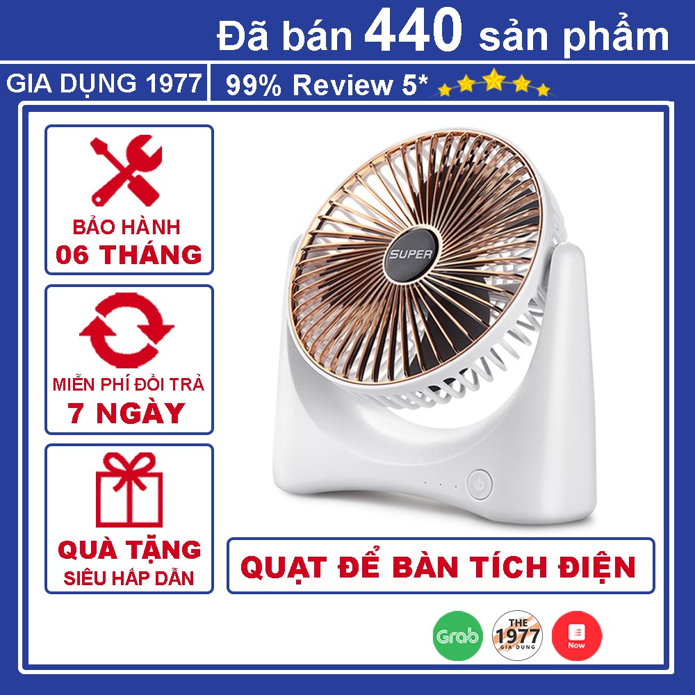 Quạt để bàn sạc pin tích điện 3 cấp độ thế hệ mới, Quạt mini để bàn xoay 120 độ kèm dây sạc USB an toàn tiện lợi