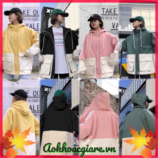 Áo khoác dù nữ túi hộp phối 2 màu 2 sọc