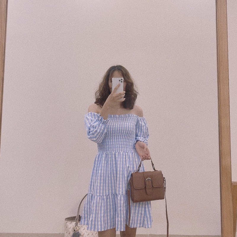 [sẵn M] Váy xanh pastel kẻ caro trễ vai phong cách Ulzzang Hàn Quốc