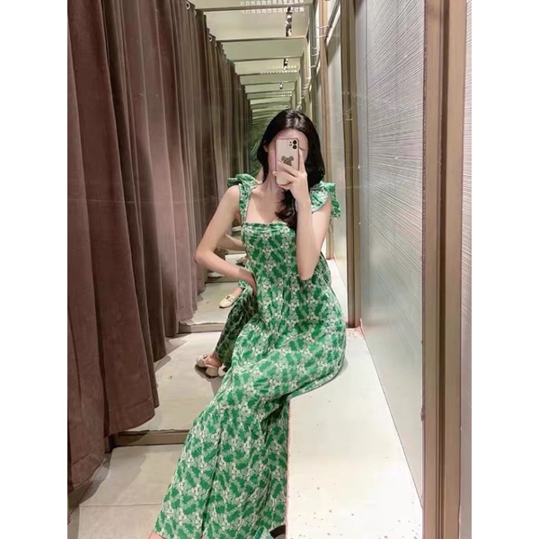 Đầm maxi cánh tiên hở lưng đan dây màu xanh lá