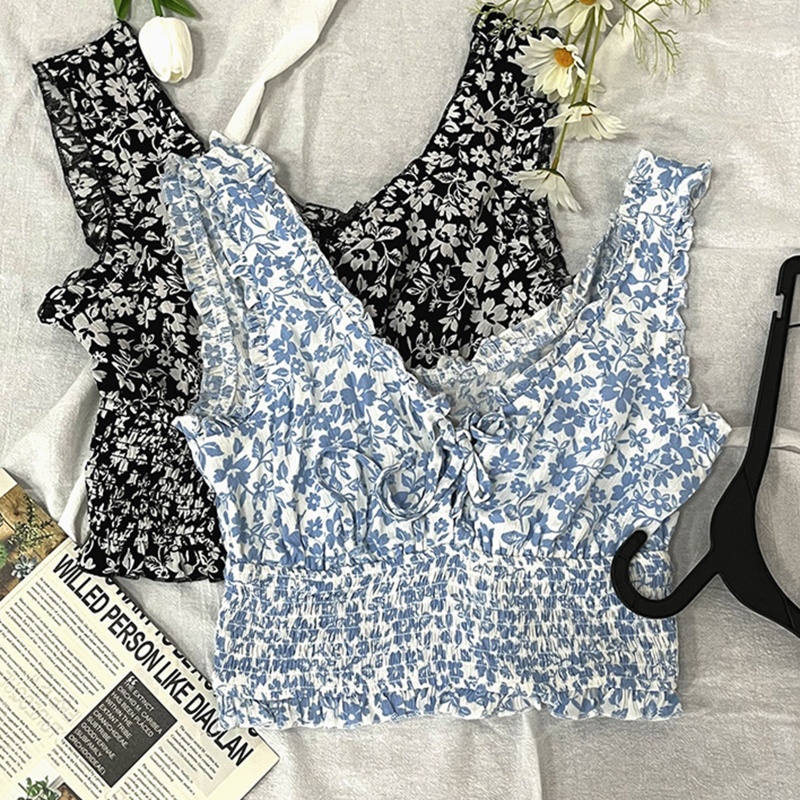 Áo Croptop Sát Nách Cổ V Cột Dây Họa Tiết Hoa Quyến Rũ Cho Nữ