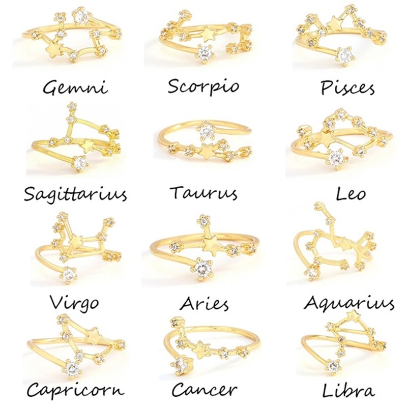 12 Constellations Finger Rings/Creative Adjustable Taurus Cancer Aries Rings/Female Elegant Crystal Open Rings/Women Fashion Jewelry Birthday Gift