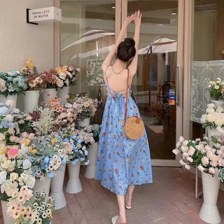 Đầm xanh 2 dây hở lưng hoa nhí
