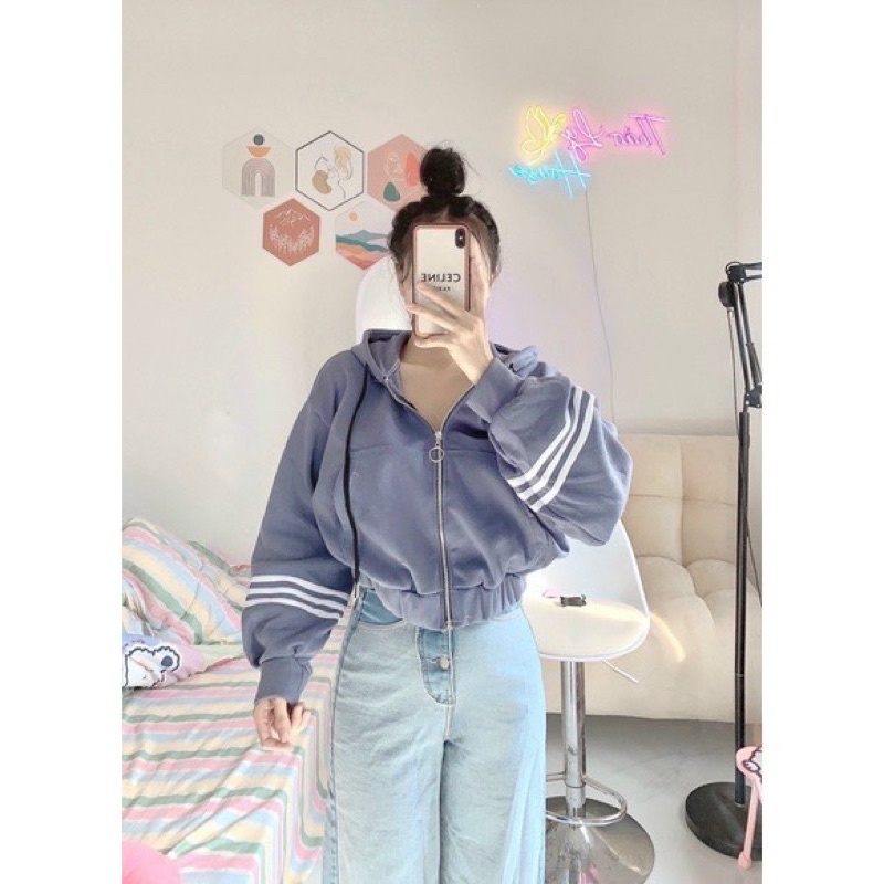 Áo KHOÁC Croptop Thể Thao TAY PHỒNG 3 Sọc Có Mũ Ulzzang Unisex Hot Hit