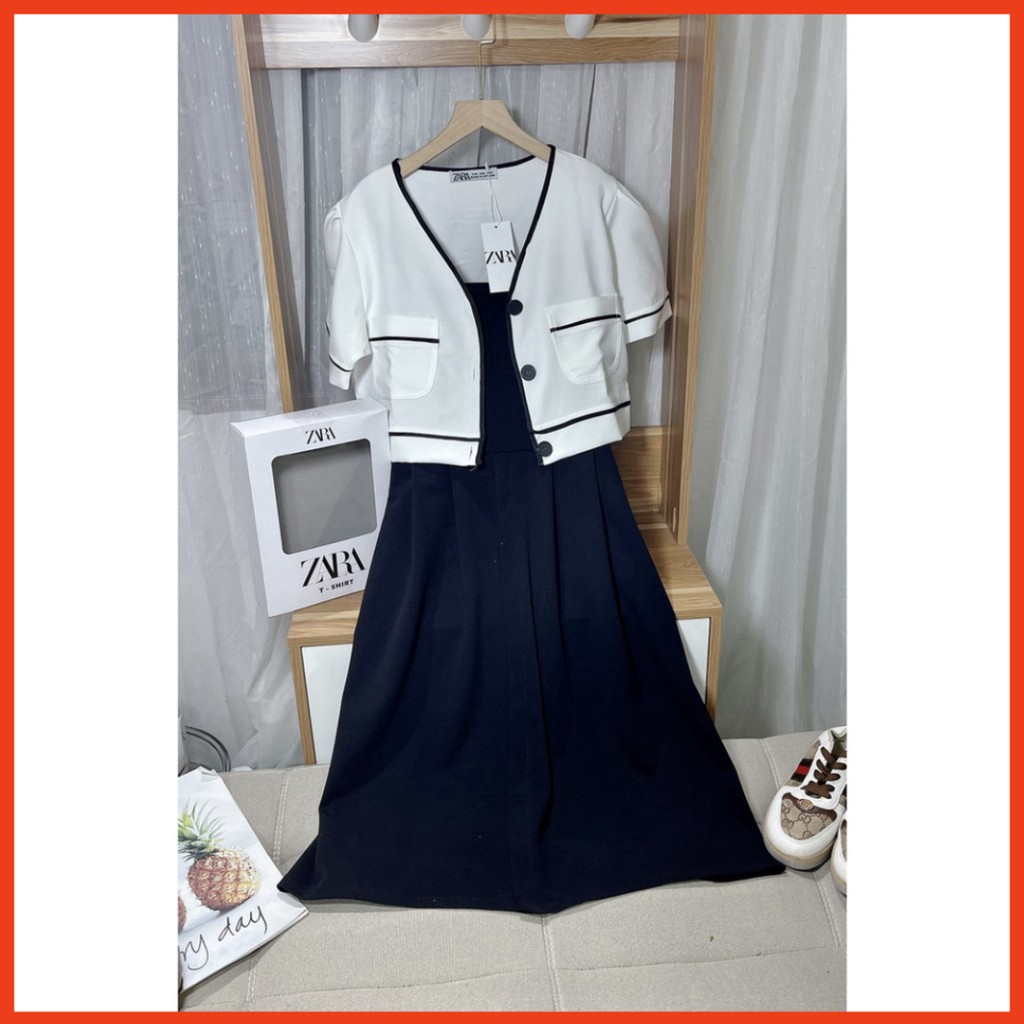 Sale  bất ngờ set váy 2 dây đen xoè mix áo khoác croptop siêu sinh