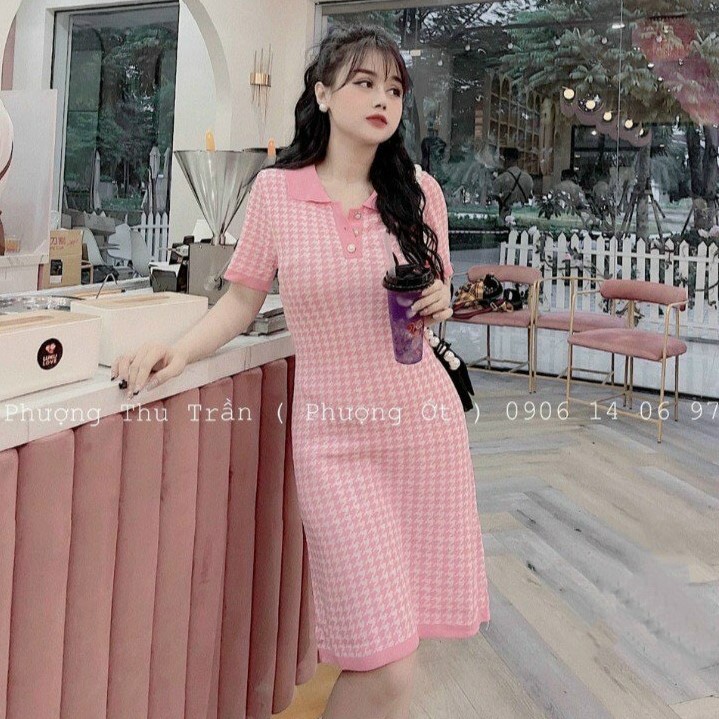 Váy len dáng ôm body cổ bẻ kẻ caro, Đầm len ngắn tay co giãn VS1561 - NhiNhi Shop