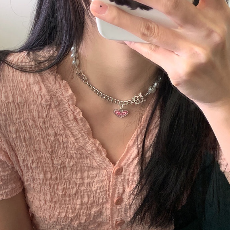 Dây chuyền đính ngọc trai nhân tạo mặt dây màu hồng đáng yêu cho nữ Y2K