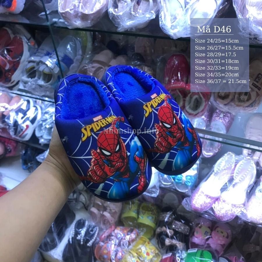 Dép bông cho bé trai đi trong nhà lót lông siêu mềm đế cao su dẻo chống trơn họa tiết siêu nhân spiderman thời trang D46