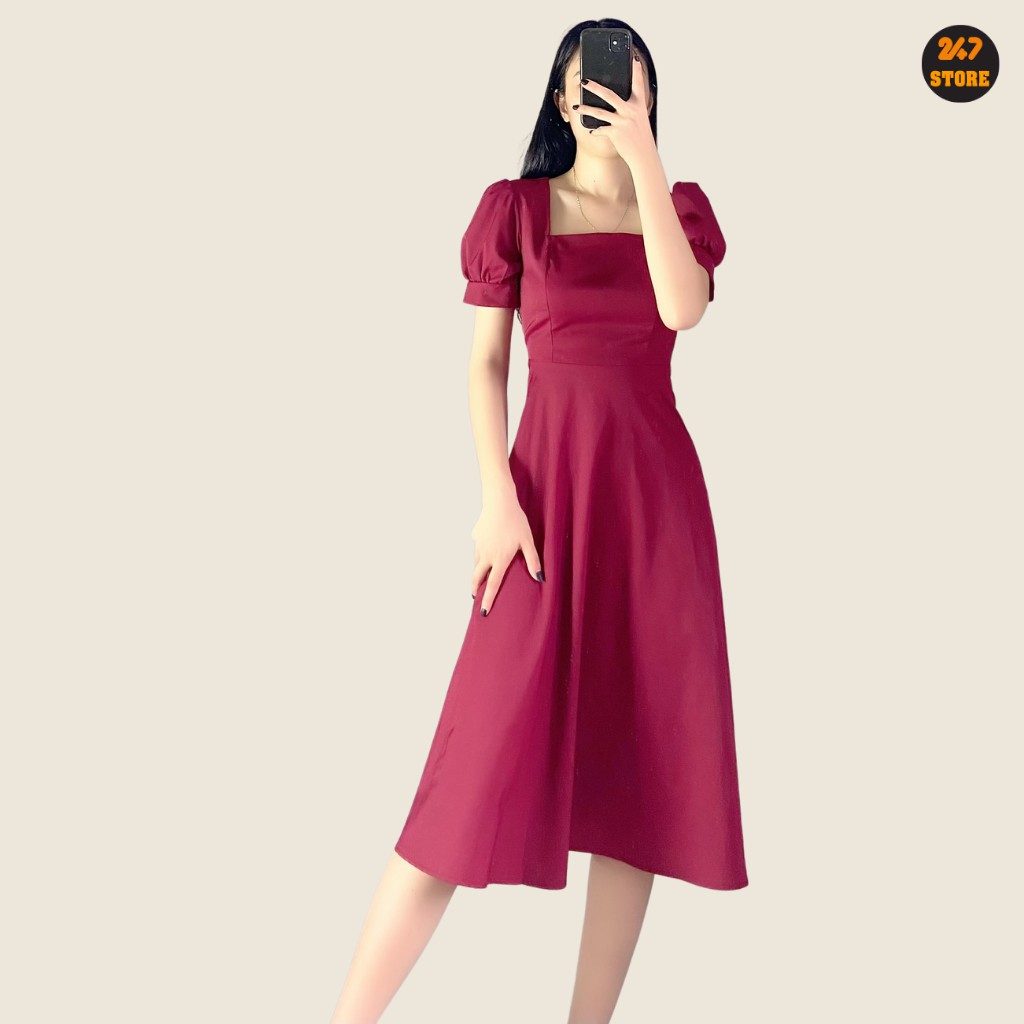 Váy Cổ Vuông Dáng Xòe Tay Bồng Cộc Tay 2 màu cực xinh 247store | BigBuy360 - bigbuy360.vn