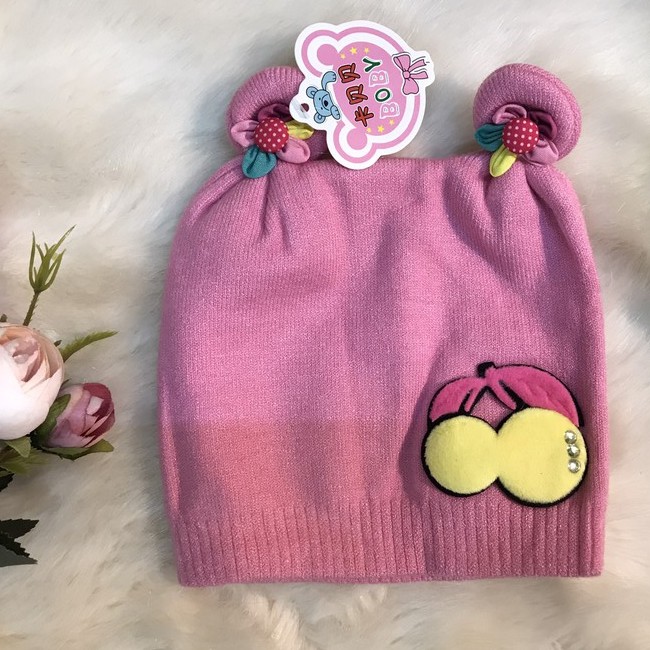 Mũ len 2 lớp Cherry siêu xinh siêu mịn cho bé gái 0-15 tháng