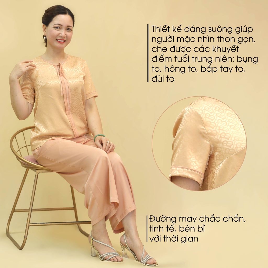 Đồ Bộ Trung Niên Nữ Lụa Họa Tiết Cao Cấp ANCHI B30 Be Vàng, Set Đồ Mặc Nhà Quà Tặng Cho Mẹ