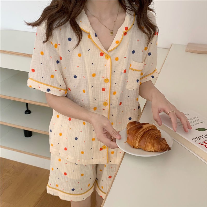 [CÓ SẴN] Đồ ngủ pijama vàng chấm bi nhiều màu đồ mặc nhà cộc tay quần đùi dễ thương Hàn Quốc ullzang