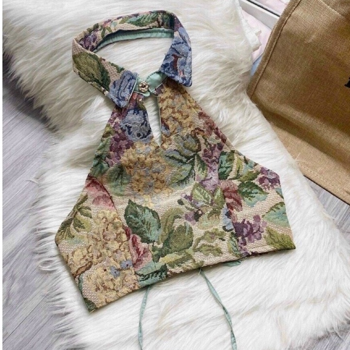 Áo Thổ Cẩm Dệt Kiểu Hai Dây Croptop Đan Dây Trước Ngực