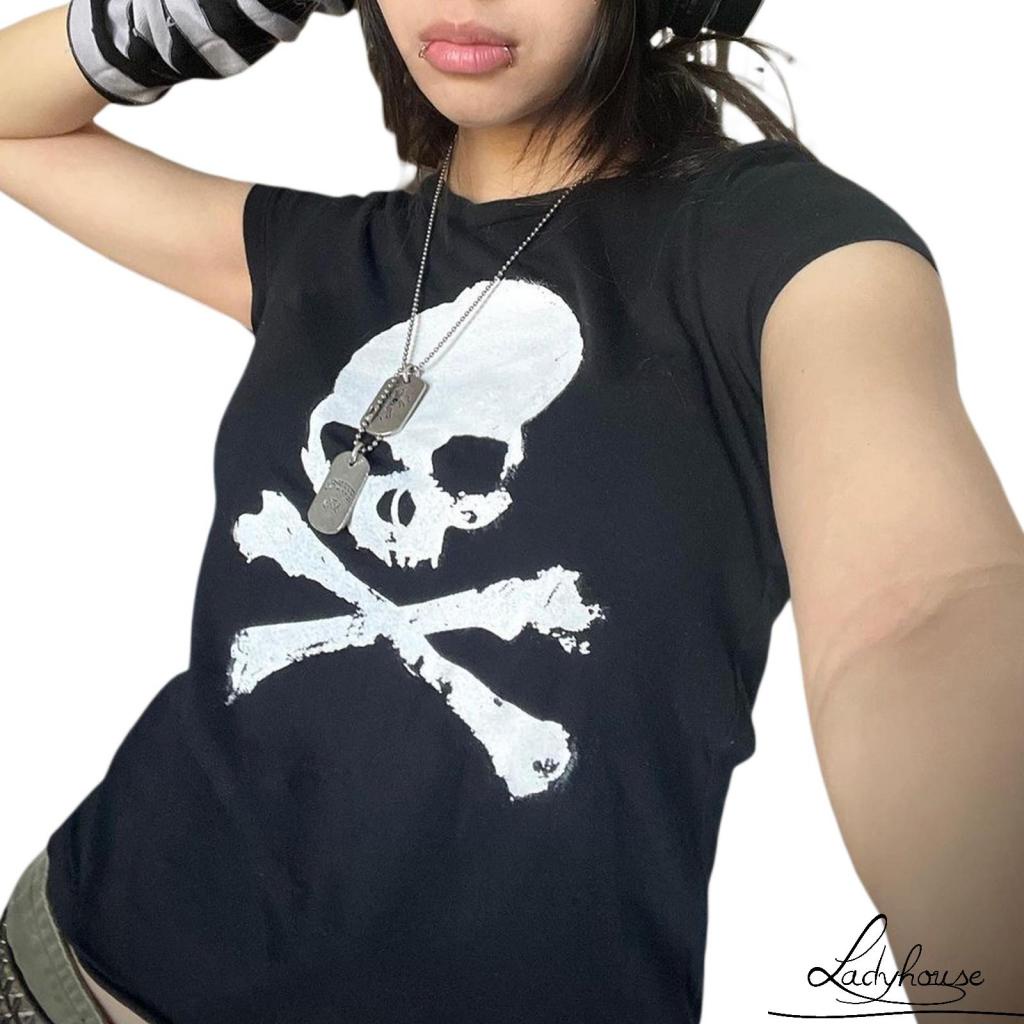 Áo Sweater Dệt Kim Co Giãn Cổ Tròn Tay Ngắn In Hình Đầu Lâu Thời Trang Dự Tiệc Cho Nữ