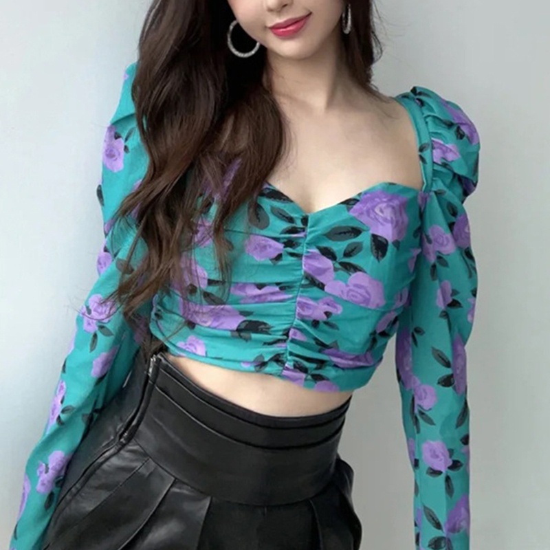 Áo Thun Nữ Tay Dài Phồng In Hoa Thời Trang