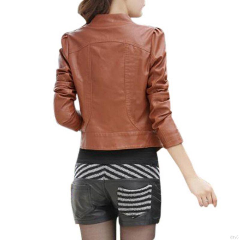 Áo khoác da PU dài tay cổ đứng phong cách Hàn cho nữ