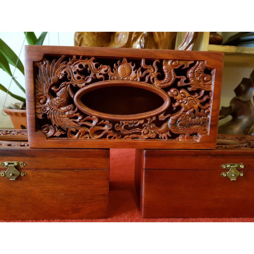 Hộp đựng giấy ăn [Gỗ hương 100%-Hàng loại 1] Hộp đựng giấy ăn gỗ hương khắc long phụng sum vầy siêu đẹp | BigBuy360 - bigbuy360.vn