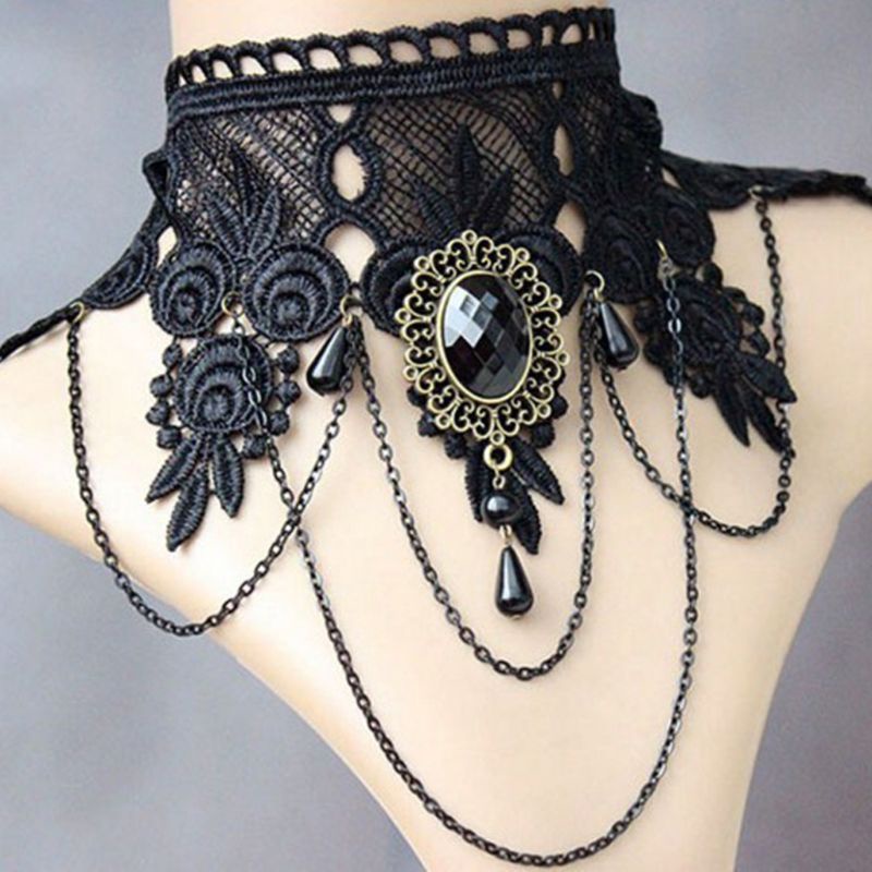 Vòng cổ choker ren màu đen đính pha lê phong cách cổ điển quyến rũ cho nữ