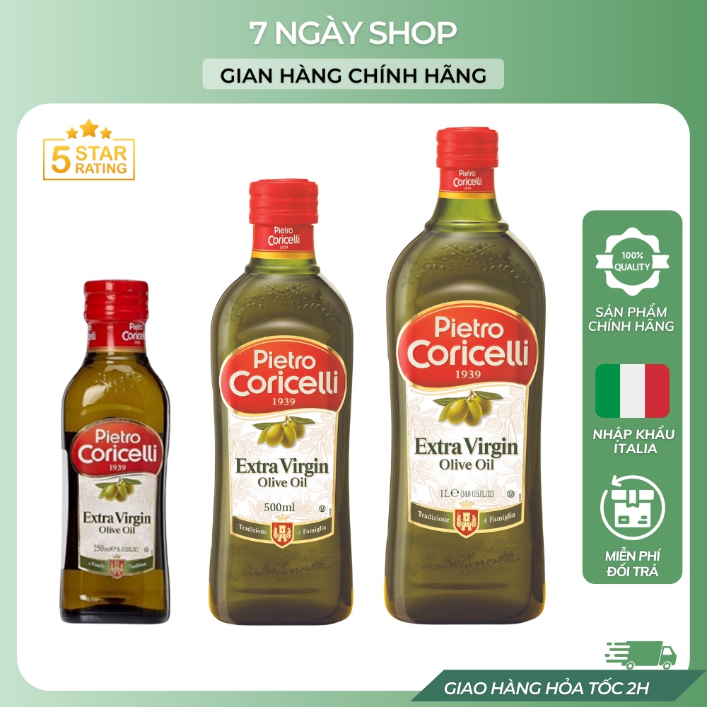 Dầu Oliu Extra Virgin Pietro Coricelli 7NgayShop 250 ml Nhập Khẩu Ý Date 2025, Dầu Olive Nguyên Chất Cao Cấp Eat Clean