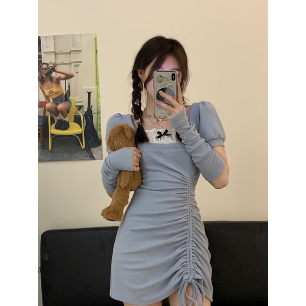 Đầm váy body rút dây cổ vuông phối bèo trắng tay rời