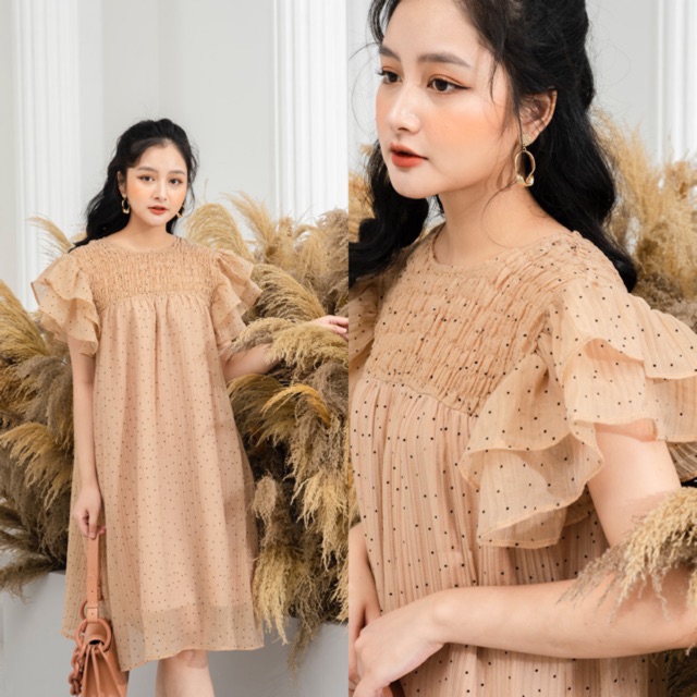 Đầm chấm bi dập nhăn