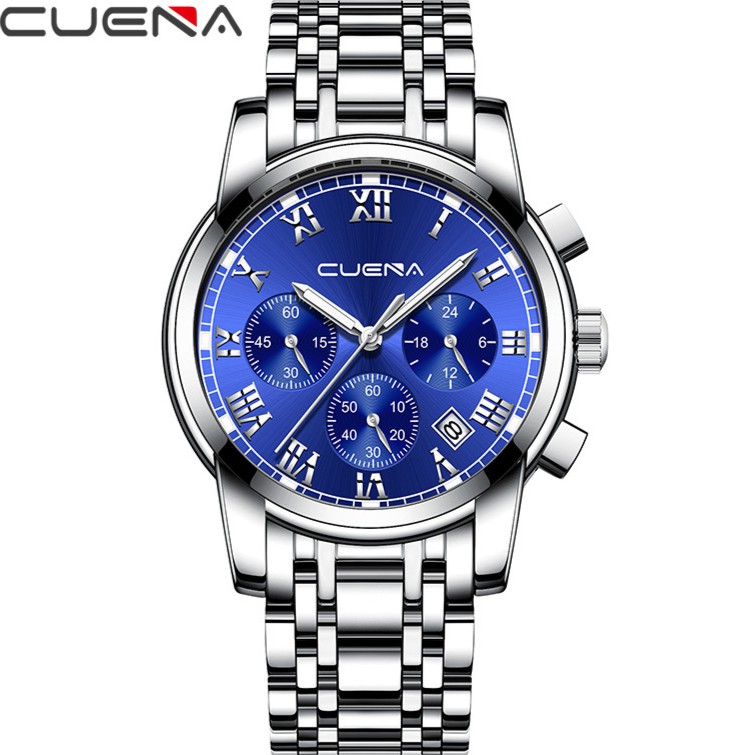 (ĐẲNG CẤP) Đồng Hồ Nam Chạy 6 Kim CUENA Máy Nhật Kính Tráng Saphire _Dây Thép Đúc Đặc Nguyên Khối