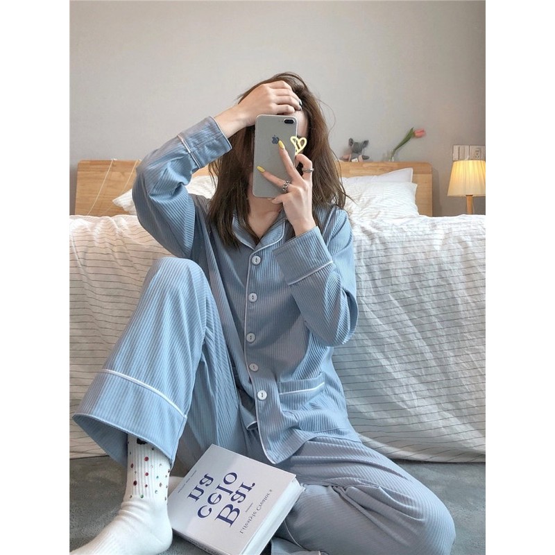 (Sẵn M) Set pijama xanh pastel sọc gân ulzzang Hàn Quốc [Yannie] | BigBuy360 - bigbuy360.vn