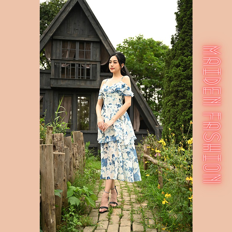 Đầm Dáng Xòe 2 Dây Phối Hoa Trắng Xanh - MAIDEN