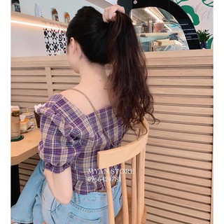 ÁO SƠ MI KẺ TÍM CỔ VUÔNG BÈO