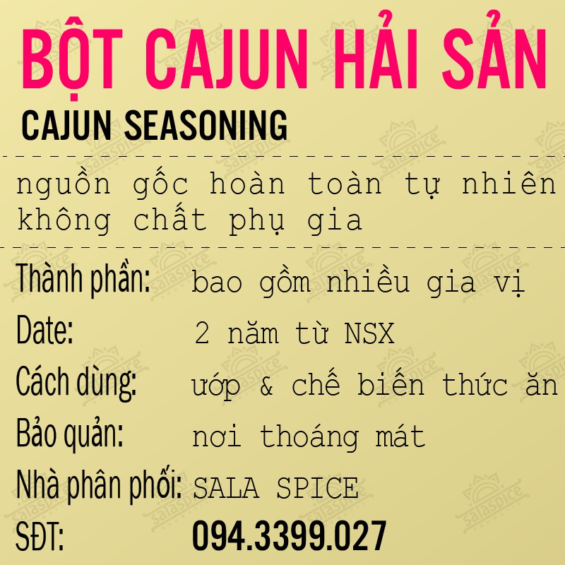 Bột CAJUN Louisiana Hải Sản SALA SPICE gia vị Tây nhập khẩu hương vi miền Nam nước Mỹ ,kết hợp các món hải sản siêu ngon