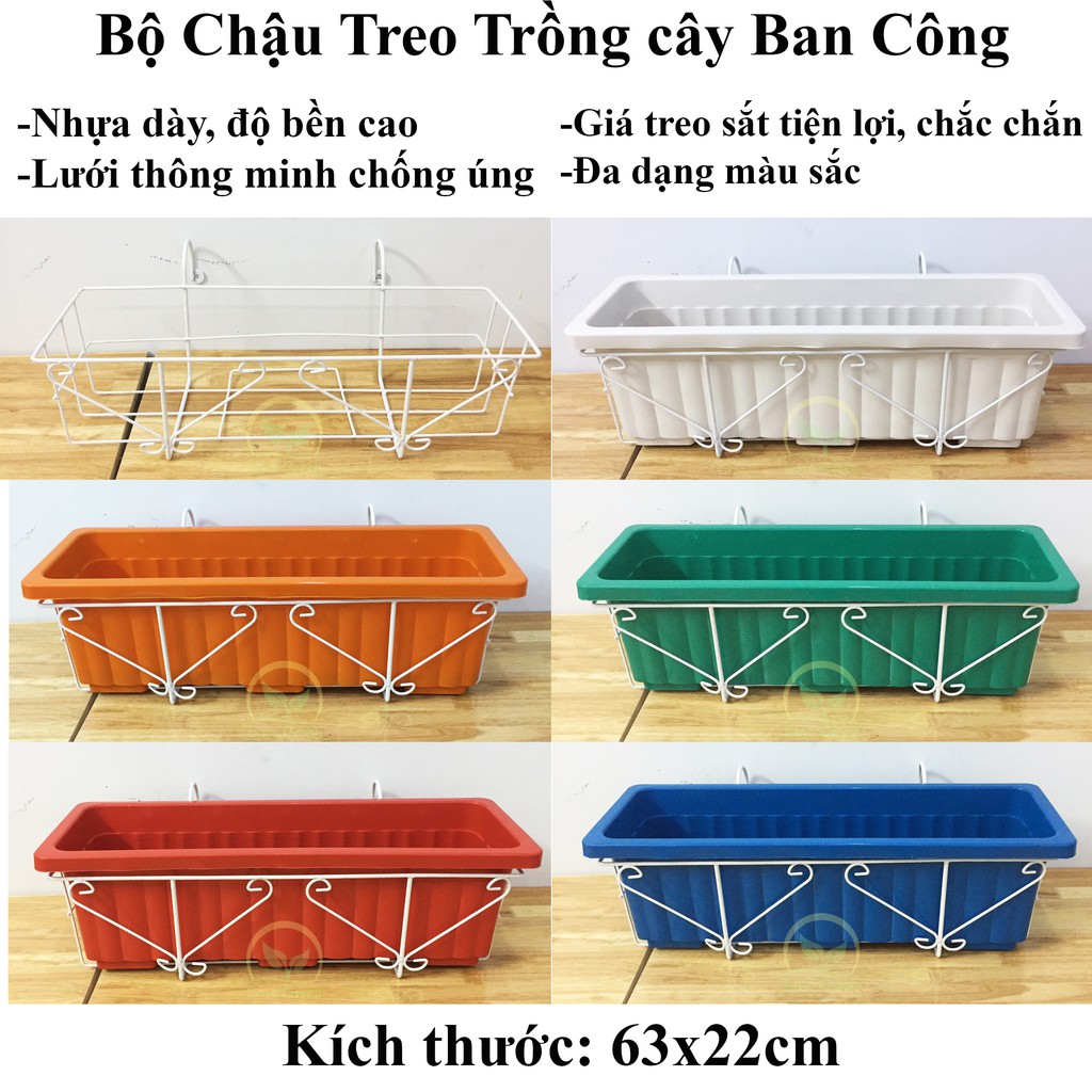 Khung treo ban công + chậu, trồng hoa, trồng rau 63cm, 45cm