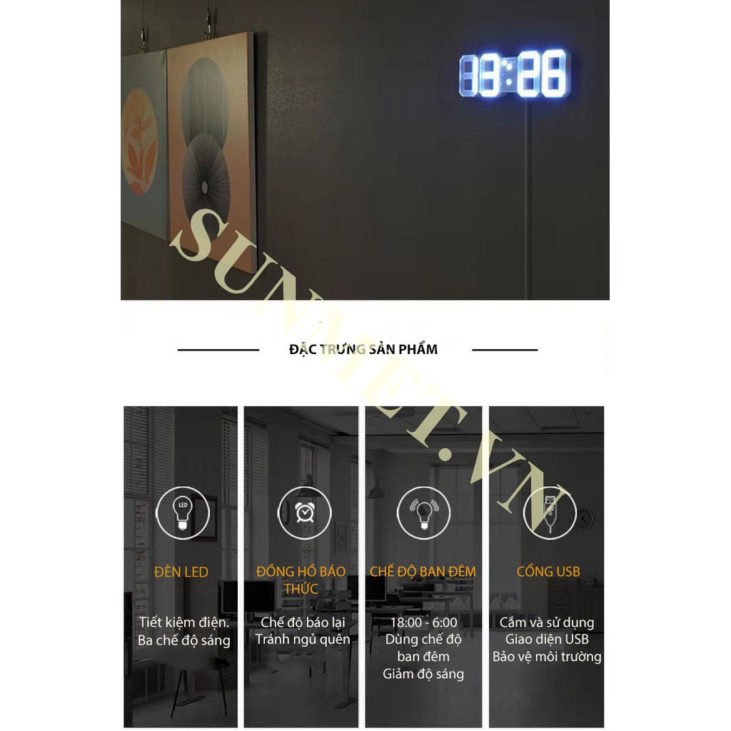 [ Tặng Dây Sạc &amp; Móc Treo ]  Đồng hồ LED 3D treo tường, để bàn phong cách Hàn Quốc sáng đẹp decor phòng ngủ