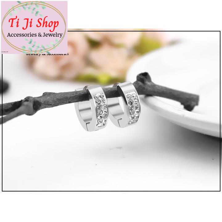 BÔNG TAI NỮ INOX KHOEN TRÒN ĐÍNH HÀNG ĐÁ - đẹp, không đen