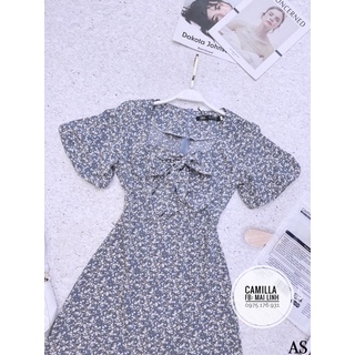 Đầm hoa nhí xanh cổ nơ