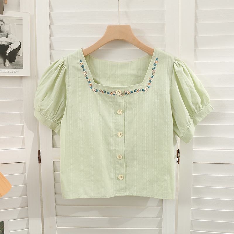 Áo sơ mi IELGY ngắn tay cổ vuông họa tiết kẻ sọc phong cách retro cho nữ